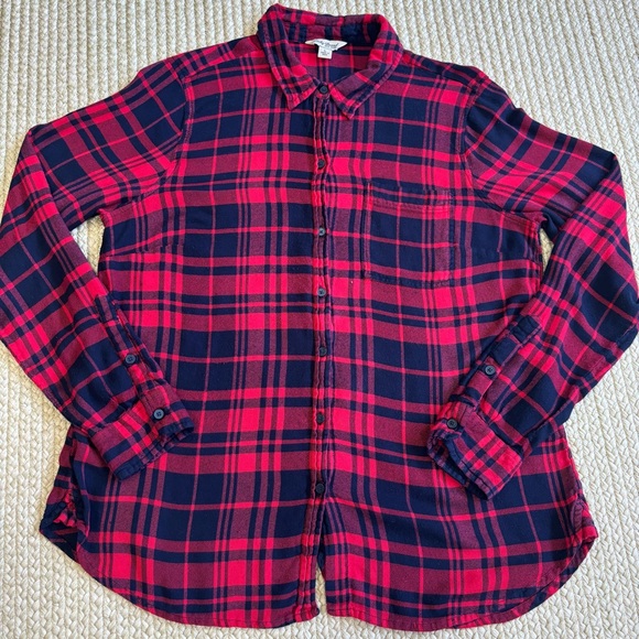 Lucky Brand Tops - Lucky Brand Women’s Plaid Button Up Shirt Large Red Black Rayon Long Sleeve